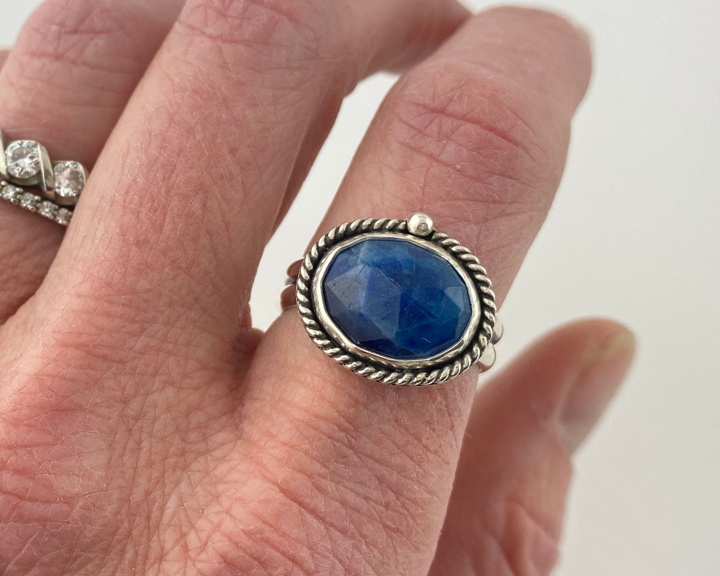 Afghanite statement ring, blue silver ring, double half round band, size 9.5, blue maximalist jewelry