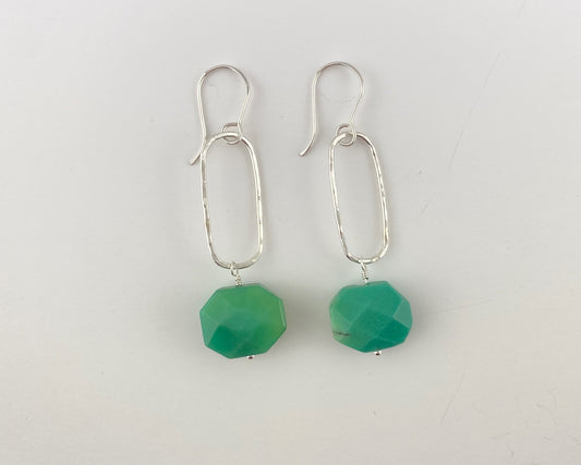 Apple agate rectangle silver earrings, green dangle
