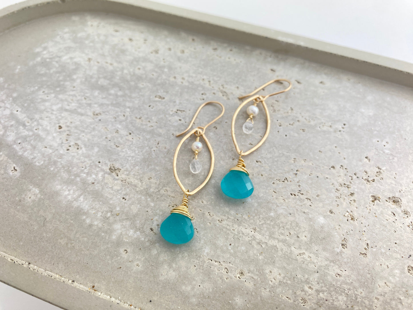 Chalcedony Gold Hoop Earrings, pearl and rainbow moonstone on gold-fill, marquise shape