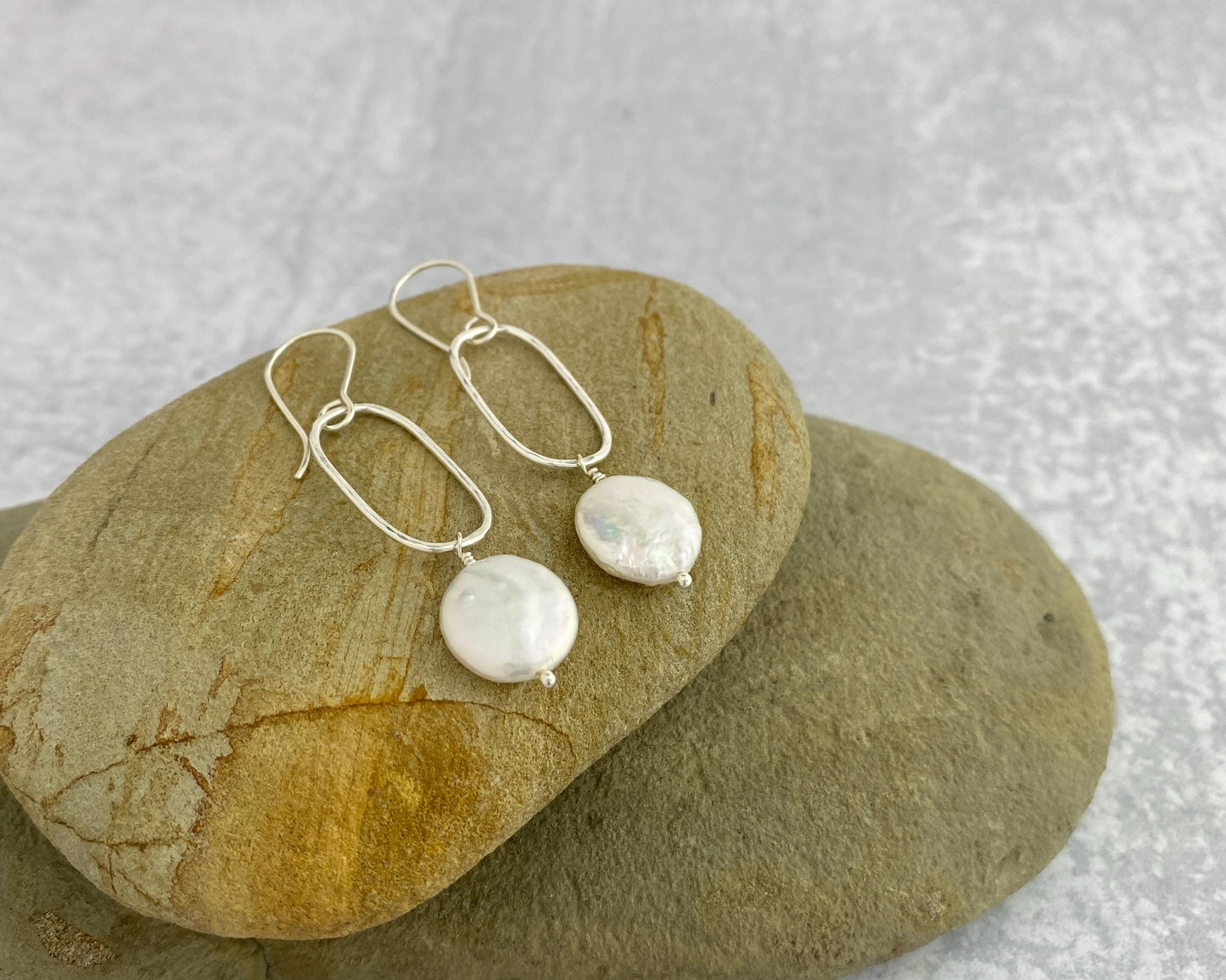 Pearl and silver rectangle earrings, hammered drops, date night jewelry