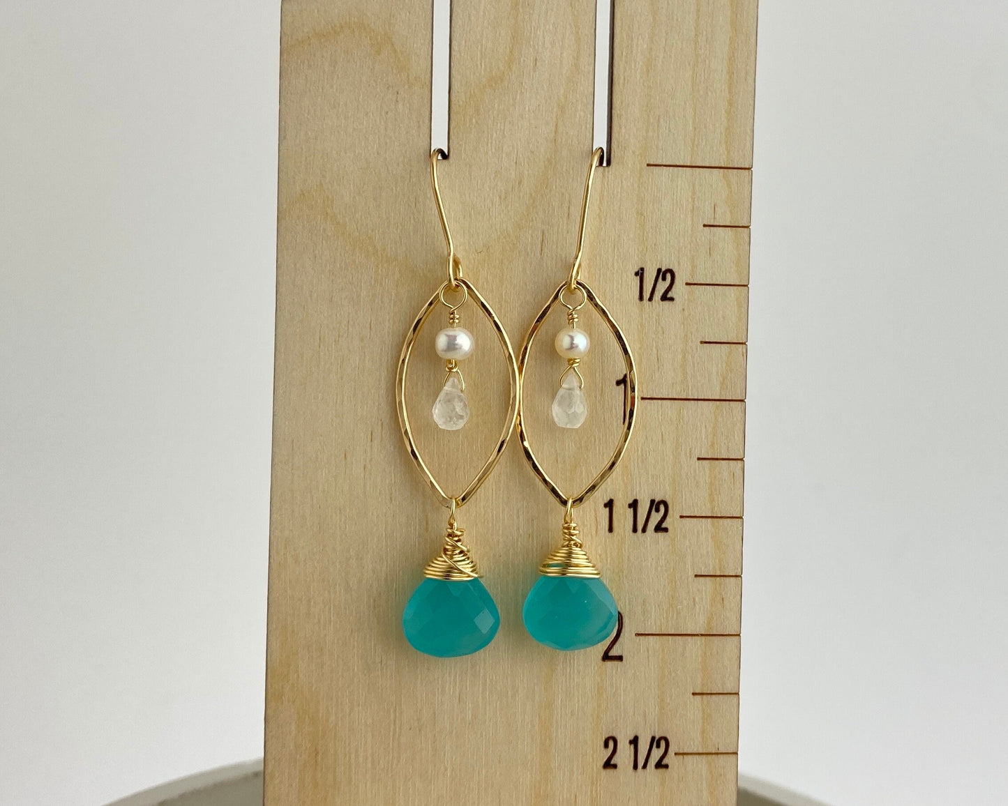 Chalcedony Gold Hoop Earrings, pearl and rainbow moonstone on gold-fill, marquise shape