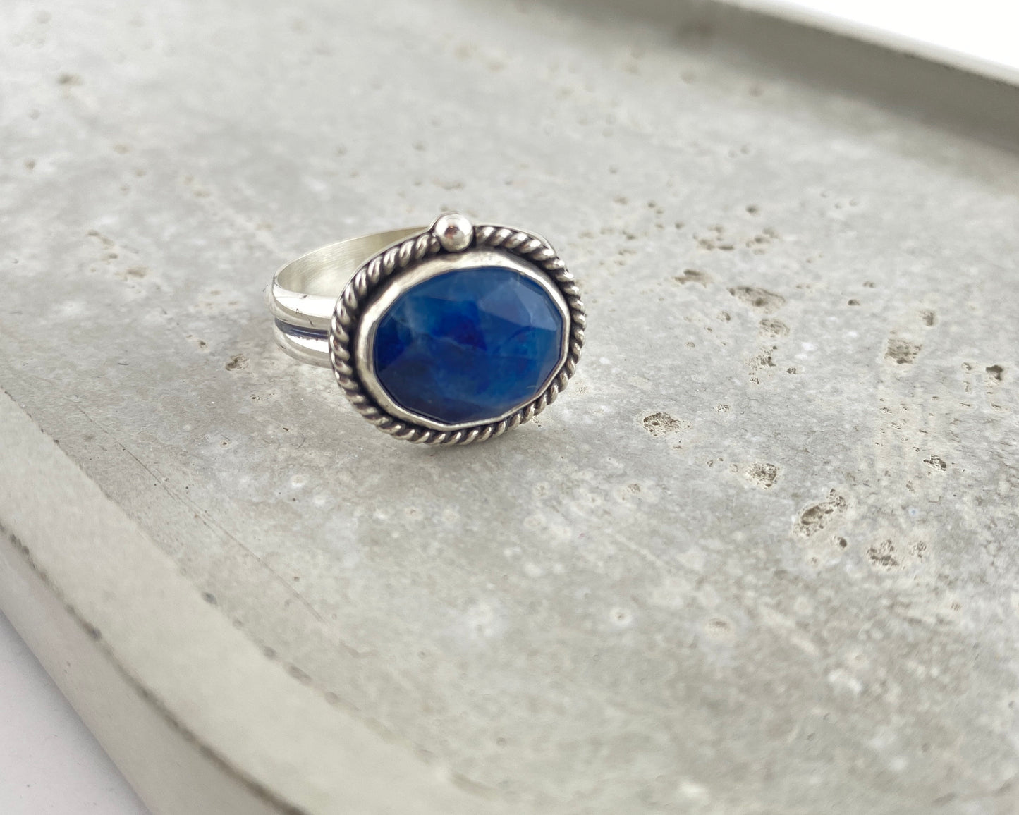 Afghanite statement ring, blue silver ring, double half round band, size 9.5, blue maximalist jewelry