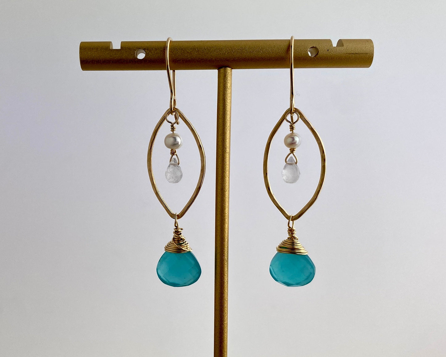 Chalcedony Gold Hoop Earrings, pearl and rainbow moonstone on gold-fill, marquise shape