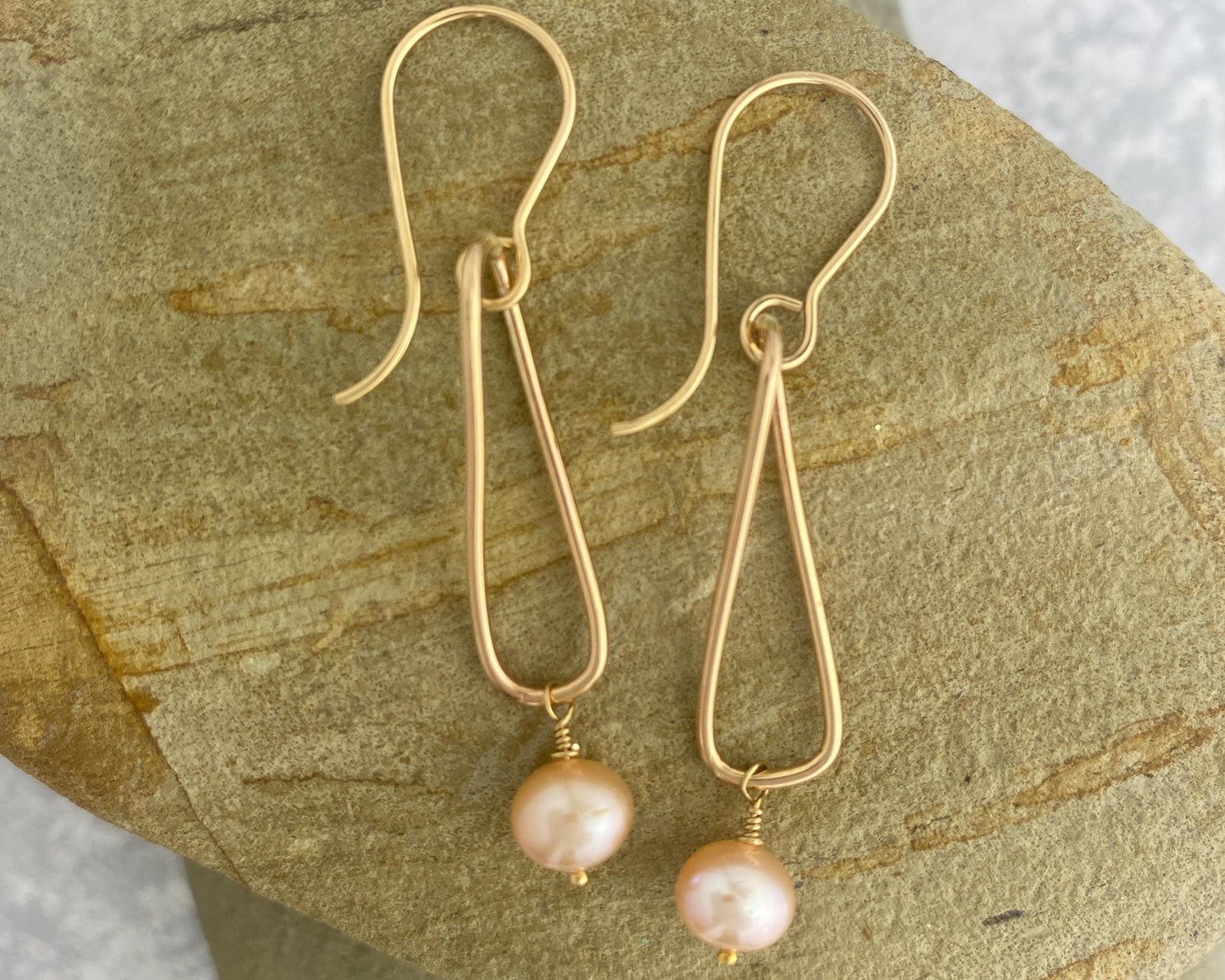 Pearl and gold earrings, twisted gold-fill drops, pink pearl dangles