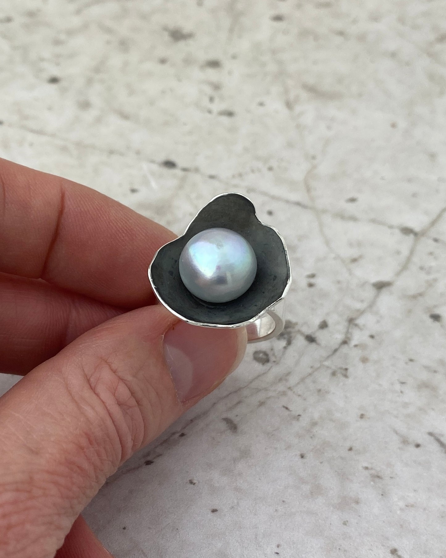 Anemone Ring — Grey Pearl | Sterling Silver Sculptural Ring | Sz 8.5
